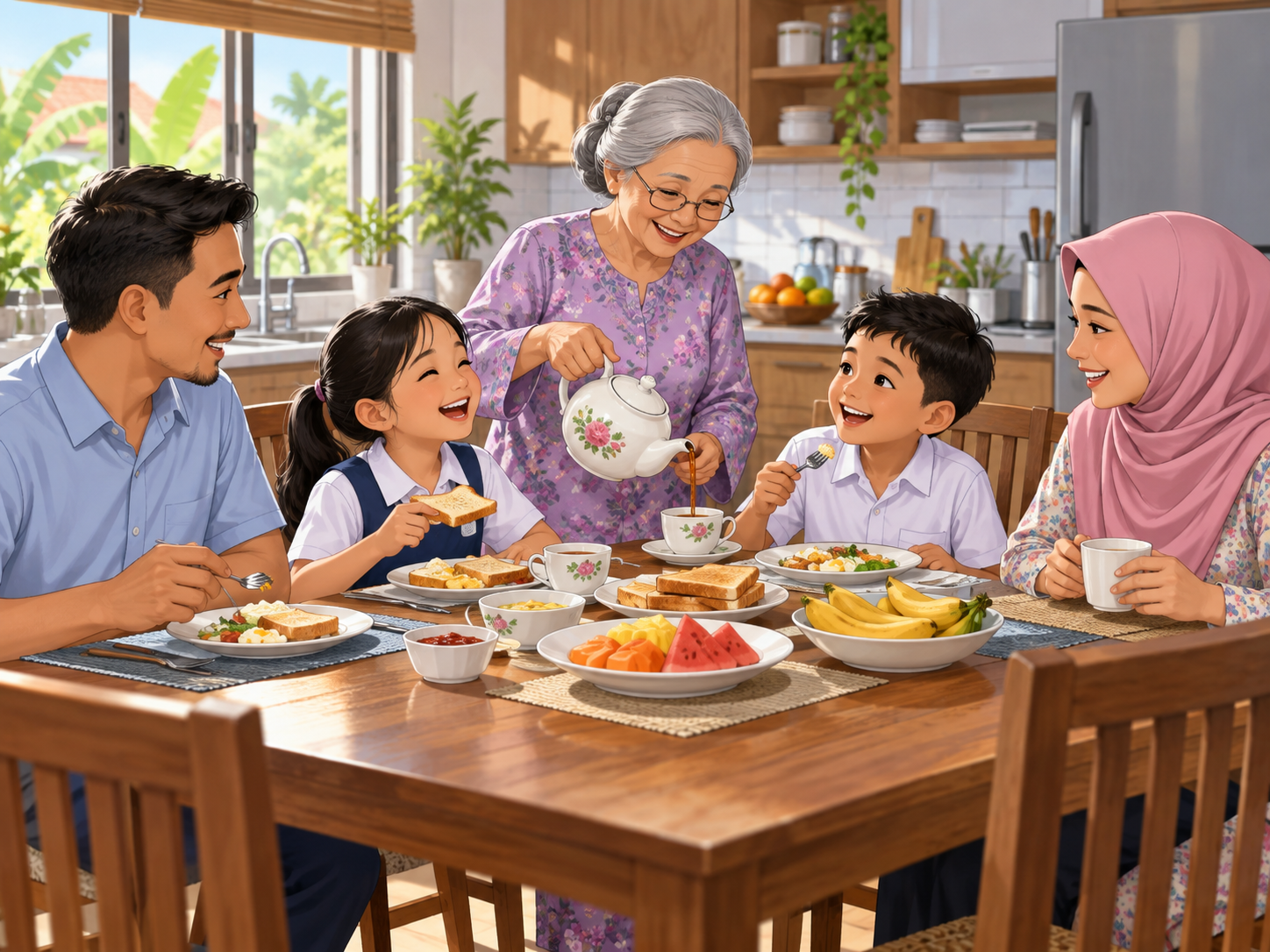 Sebuah keluarga bersarapan bersama dengan gembira