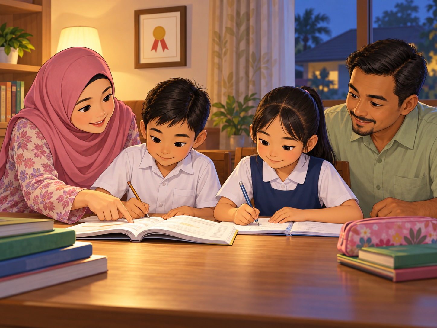 Ibu bapa membantu anak-anak mengulang kaji pada waktu malam