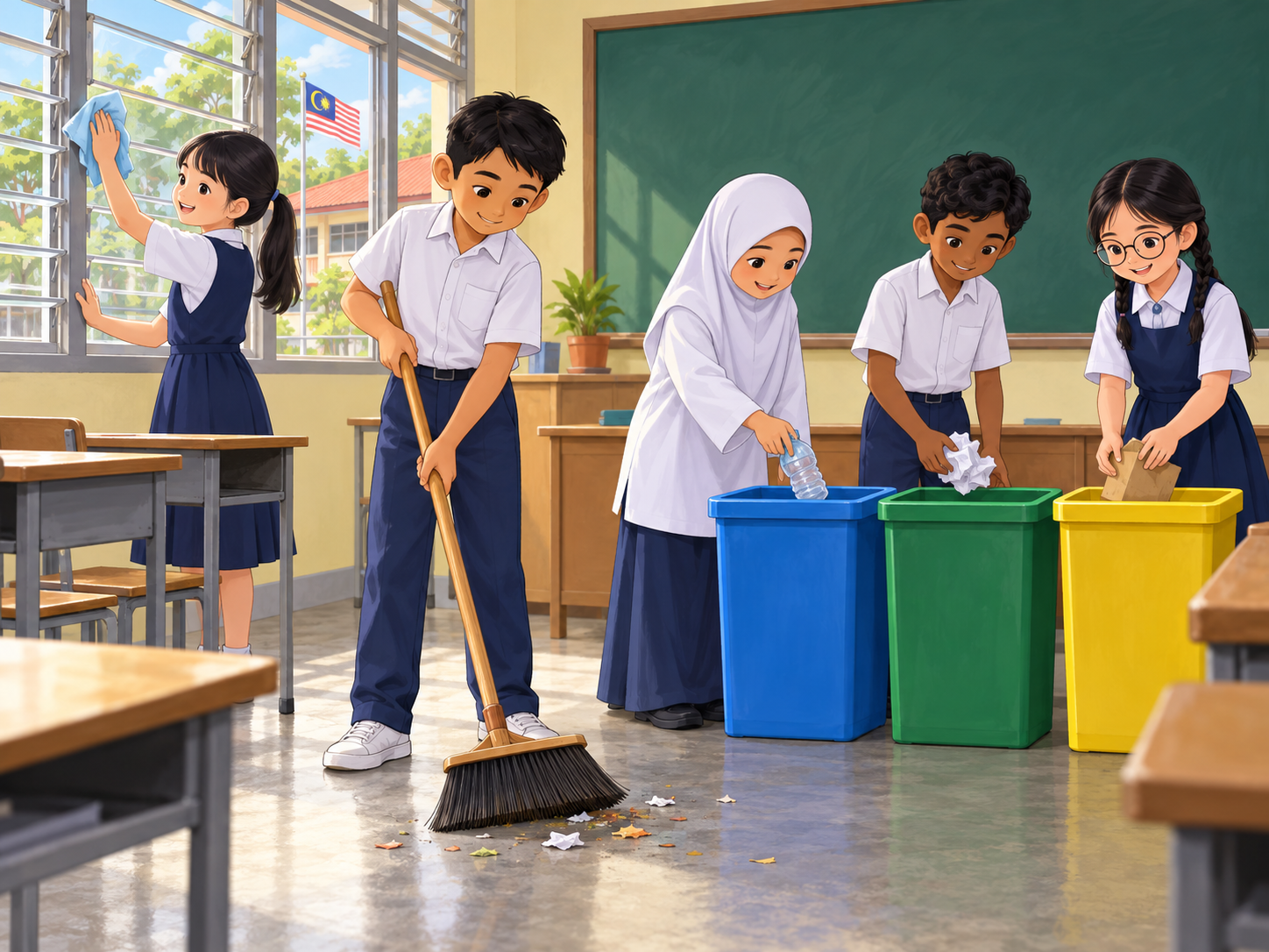 Murid bergotong-royong membersihkan bilik darjah