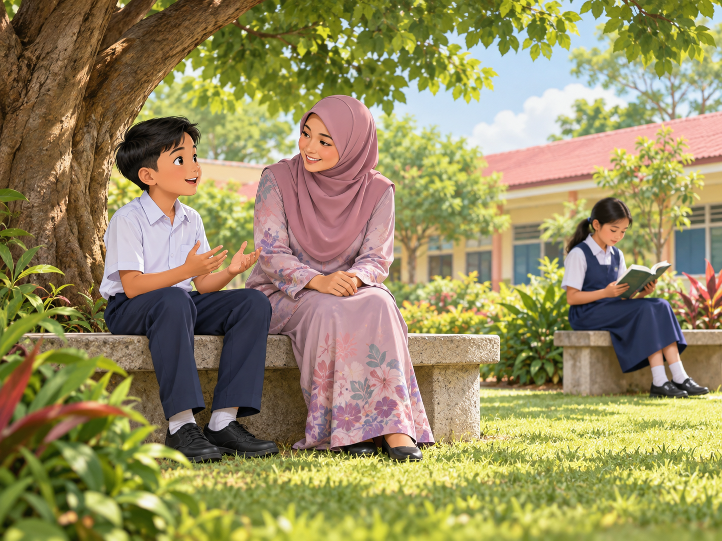 Murid berbual dengan guru tentang perasaannya di taman sekolah