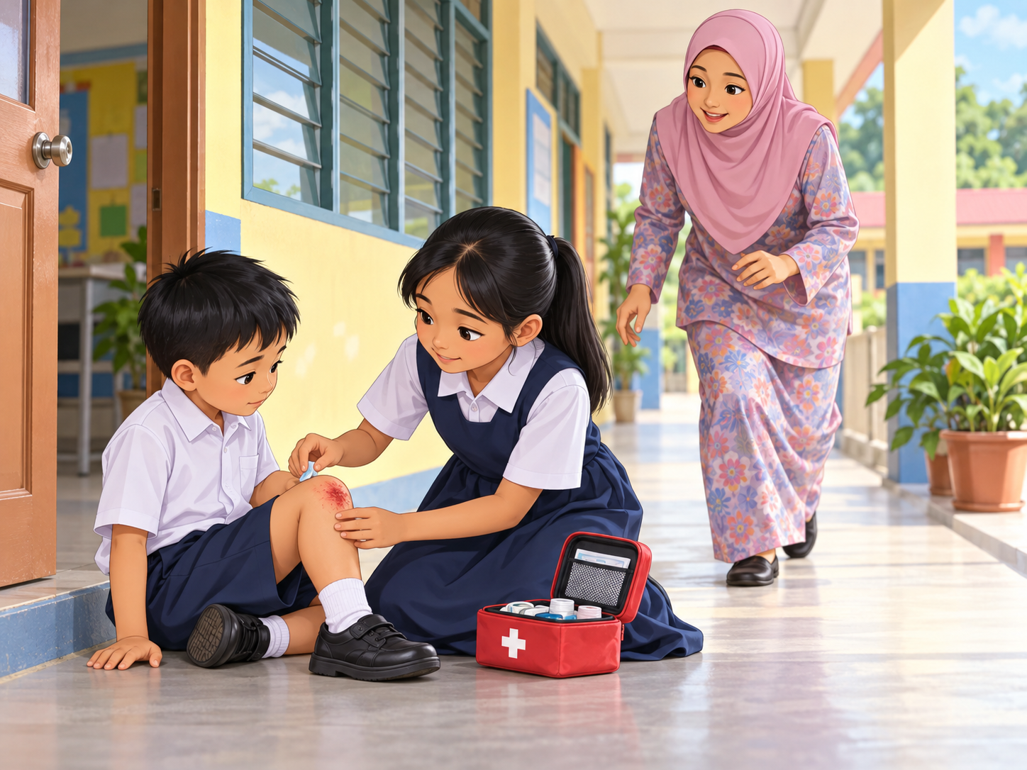 Murid membantu rakan yang luka dengan peti pertolongan cemas