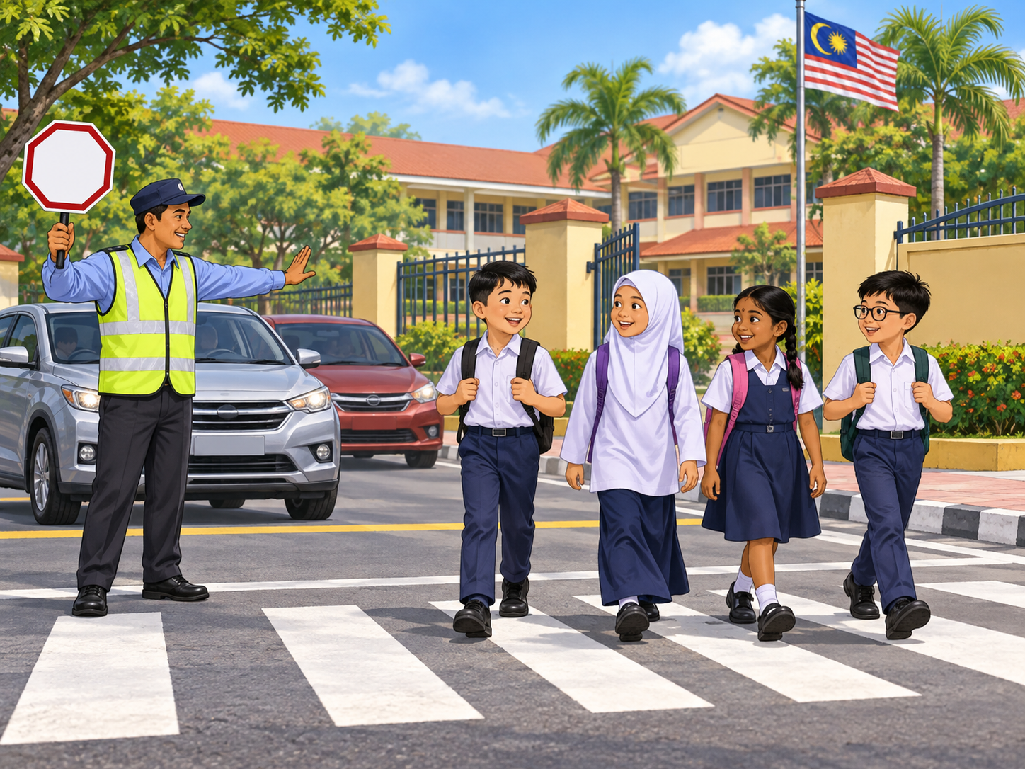 Murid melintas jalan dengan selamat di lintasan belang