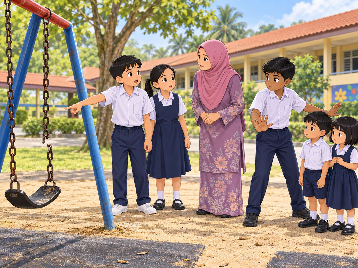 Murid melaporkan buaian yang rosak kepada guru