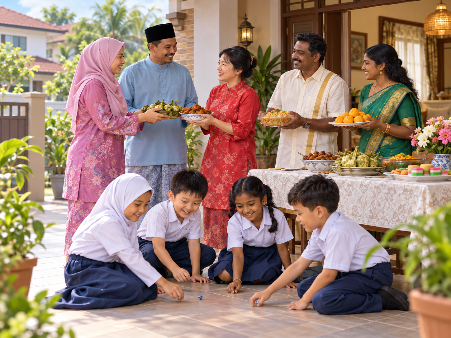 Jiran pelbagai kaum berkongsi juadah di rumah terbuka