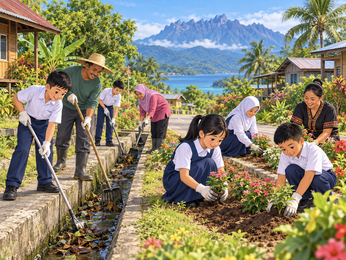 Penduduk kampung dan murid bergotong-royong membersihkan kawasan