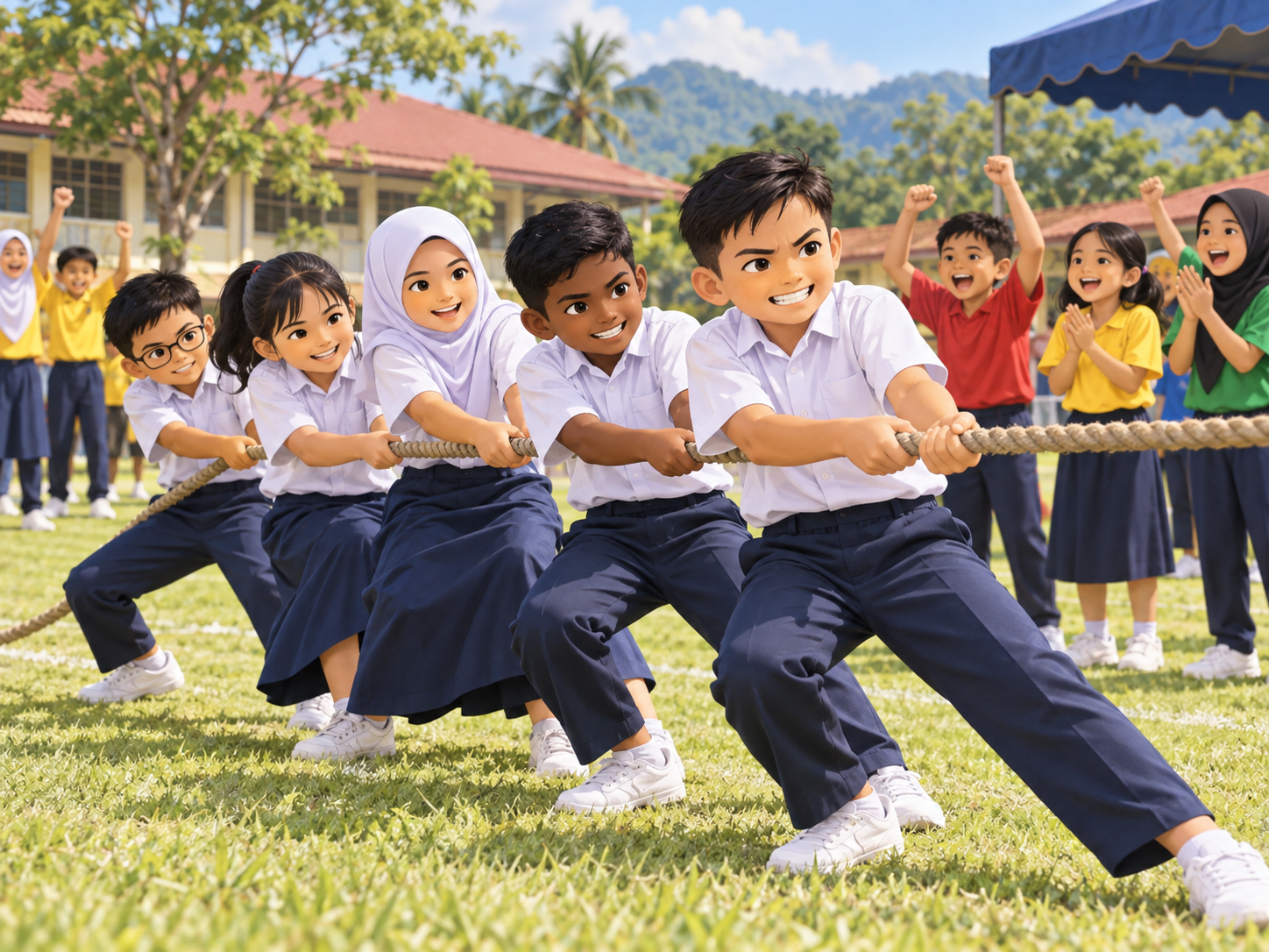Murid bekerjasama dalam pertandingan tarik tali pada hari sukan