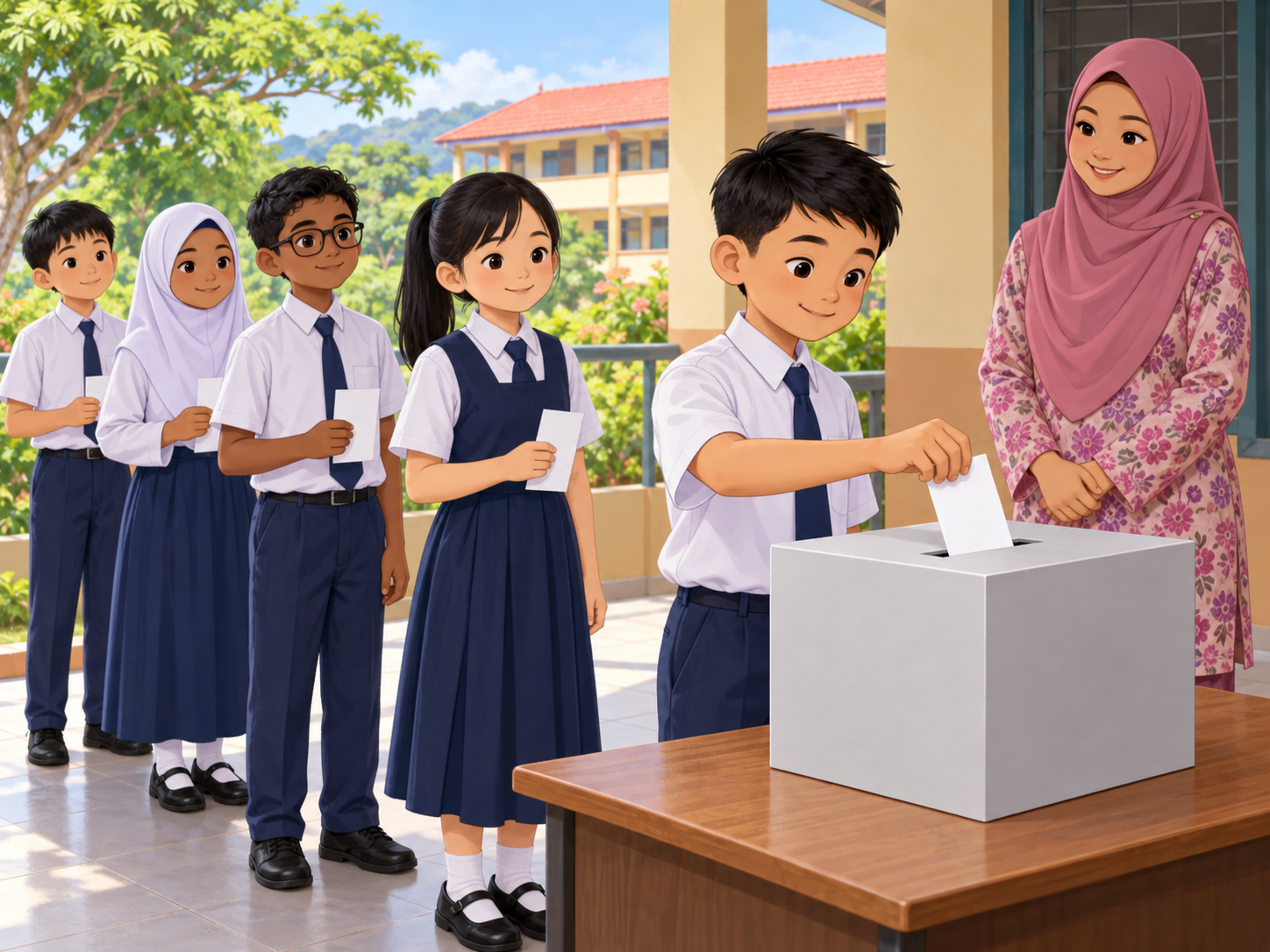 Murid beratur untuk mengundi dalam pemilihan pengawas sekolah