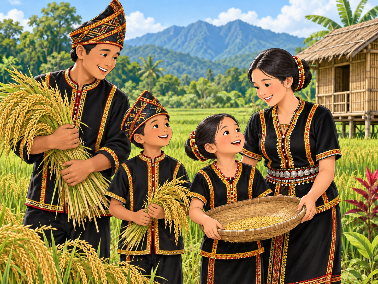 Keluarga berpakaian tradisional meraikan pesta menuai