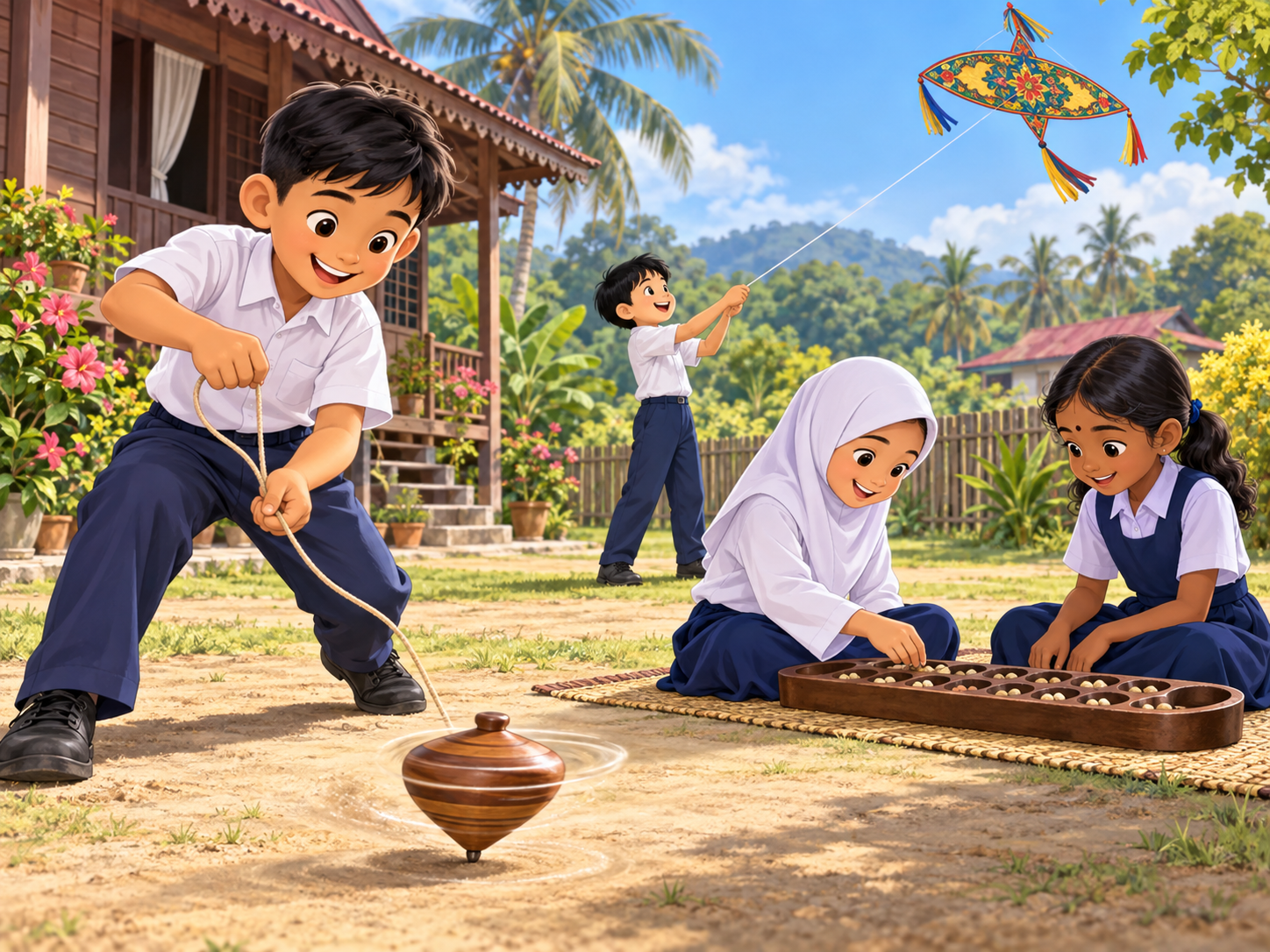Kanak-kanak bermain gasing, congkak dan wau