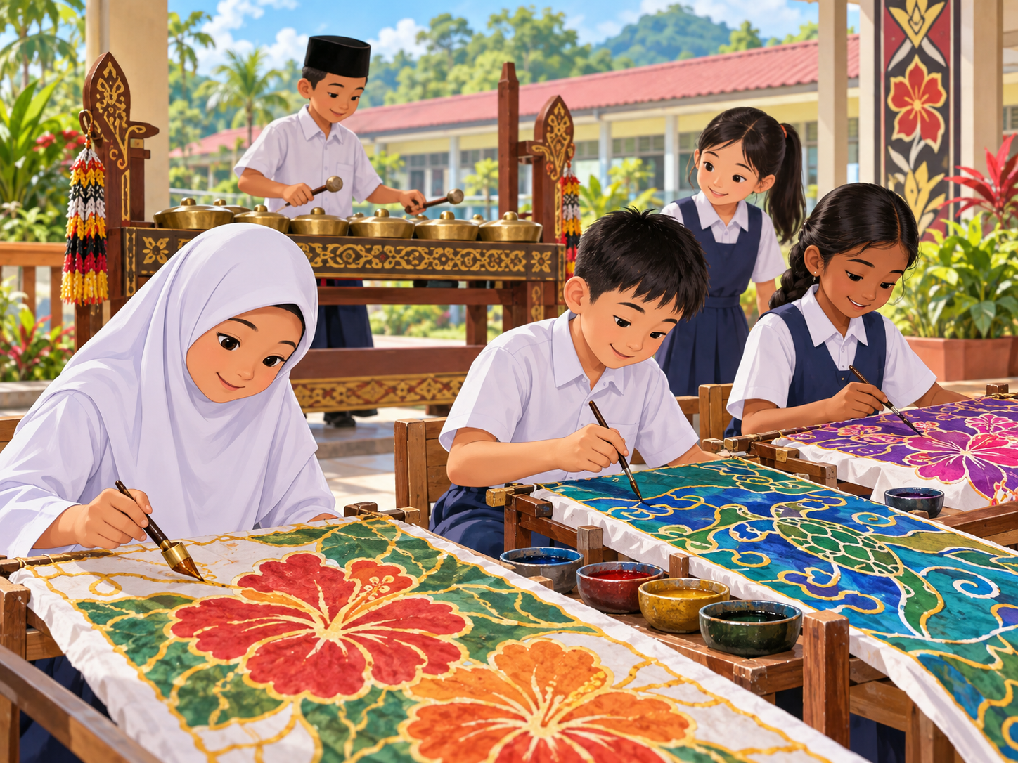 Murid melukis batik pada hari seni di sekolah