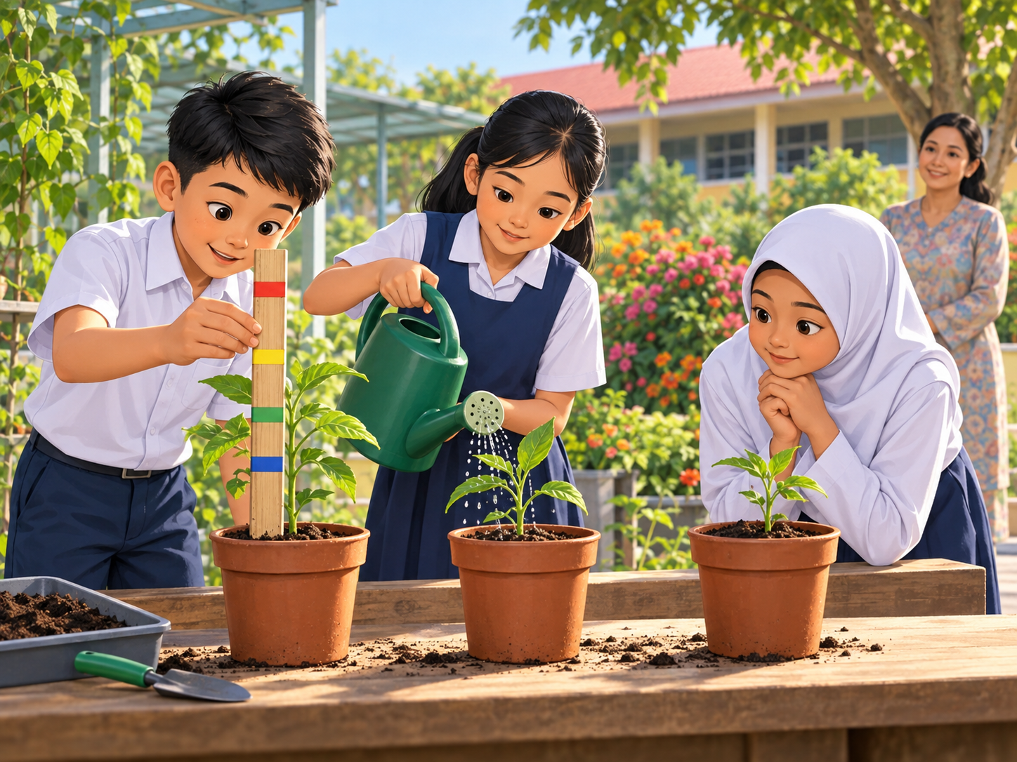 Murid menjalankan eksperimen menanam anak pokok
