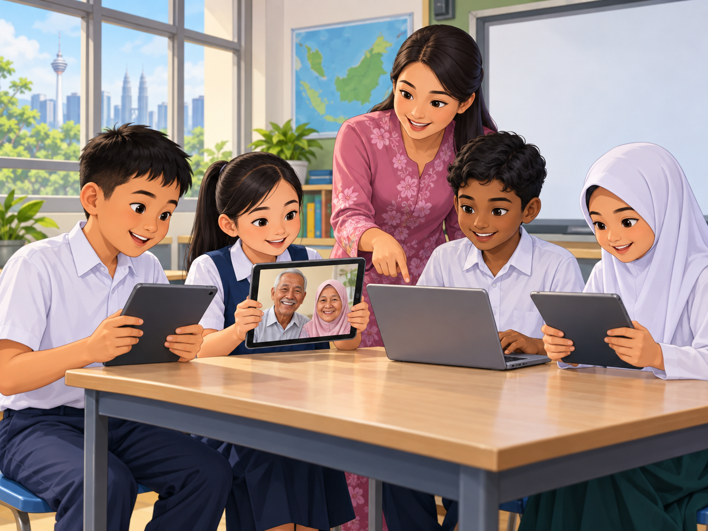 Murid menggunakan tablet dan komputer riba dengan bimbingan guru