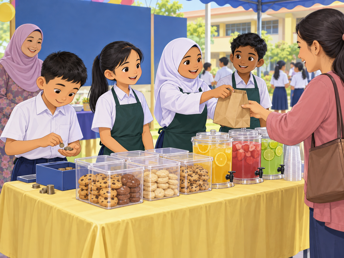 Murid berniaga kuih dan minuman pada hari keusahawanan sekolah