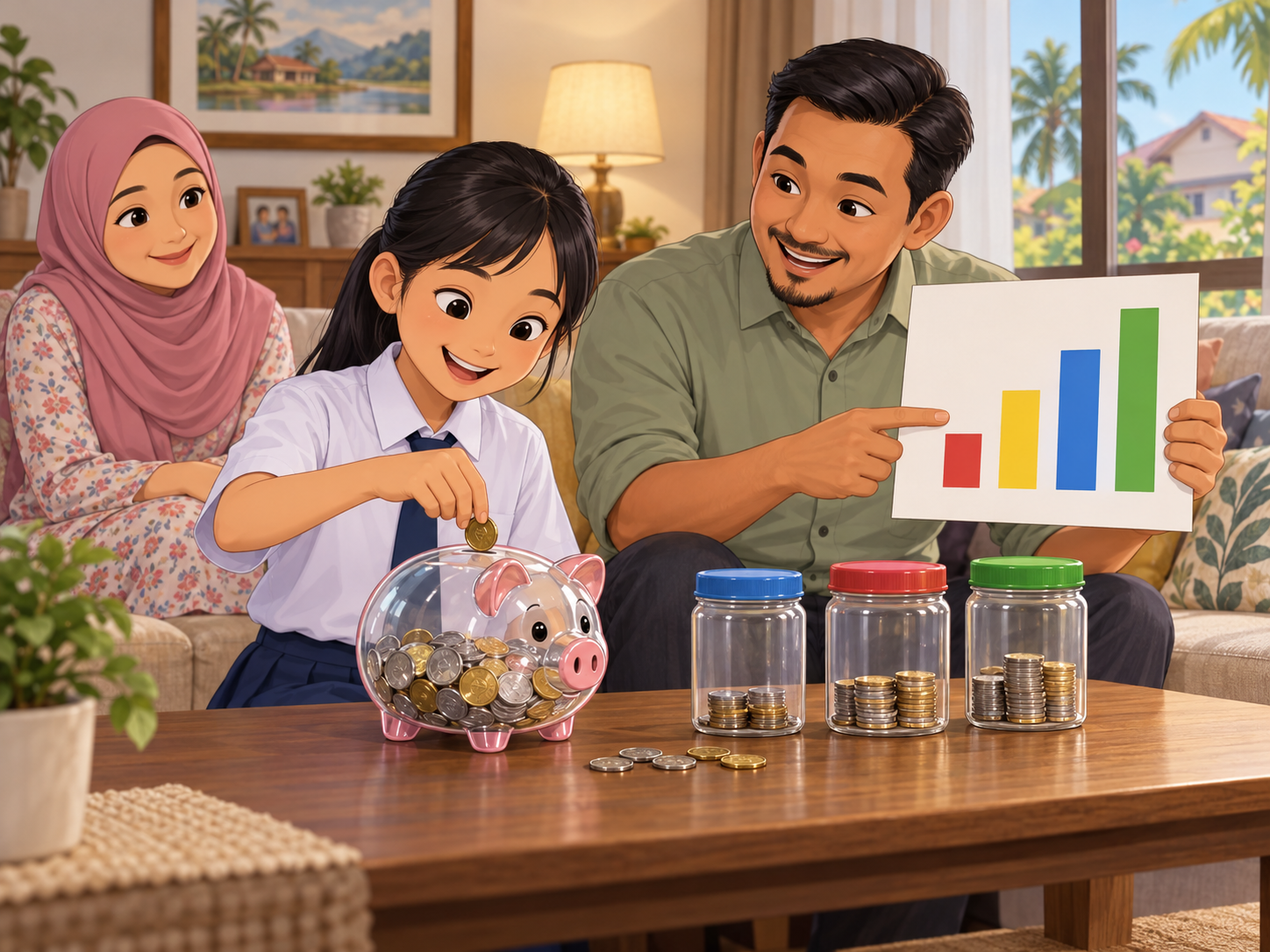 Murid menyimpan wang dalam tabung bersama bapanya