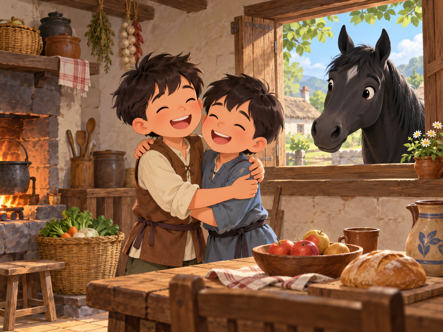 Two friends hugging and laughing in a village kitchen while a black horse looks in through the window