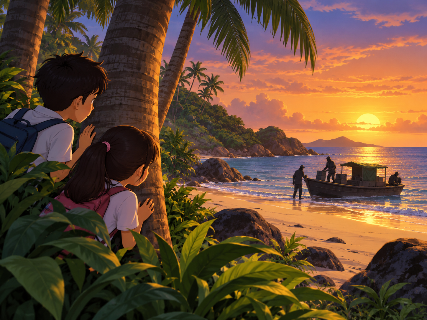 Two children hiding behind palm trees, watching a small boat land on a beach at sunset