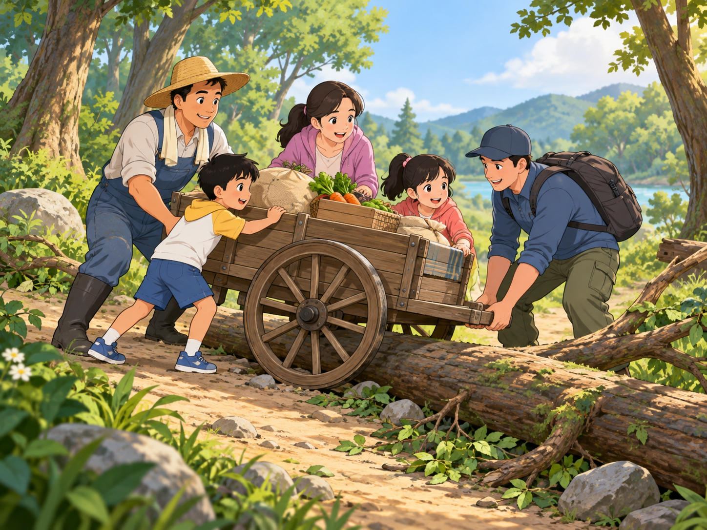 A family, a farmer and a stranger lifting a cart over a fallen tree in a forest