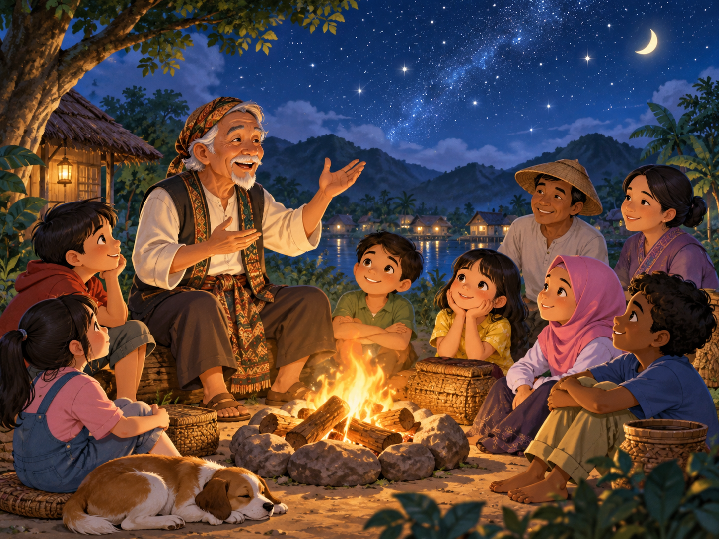 People sitting around a fire at night listening to an old storyteller under the stars