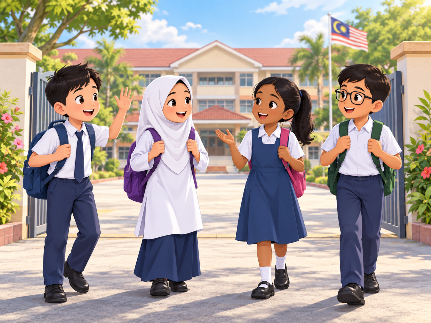Four pupils with school bags meeting on the first day of the school year