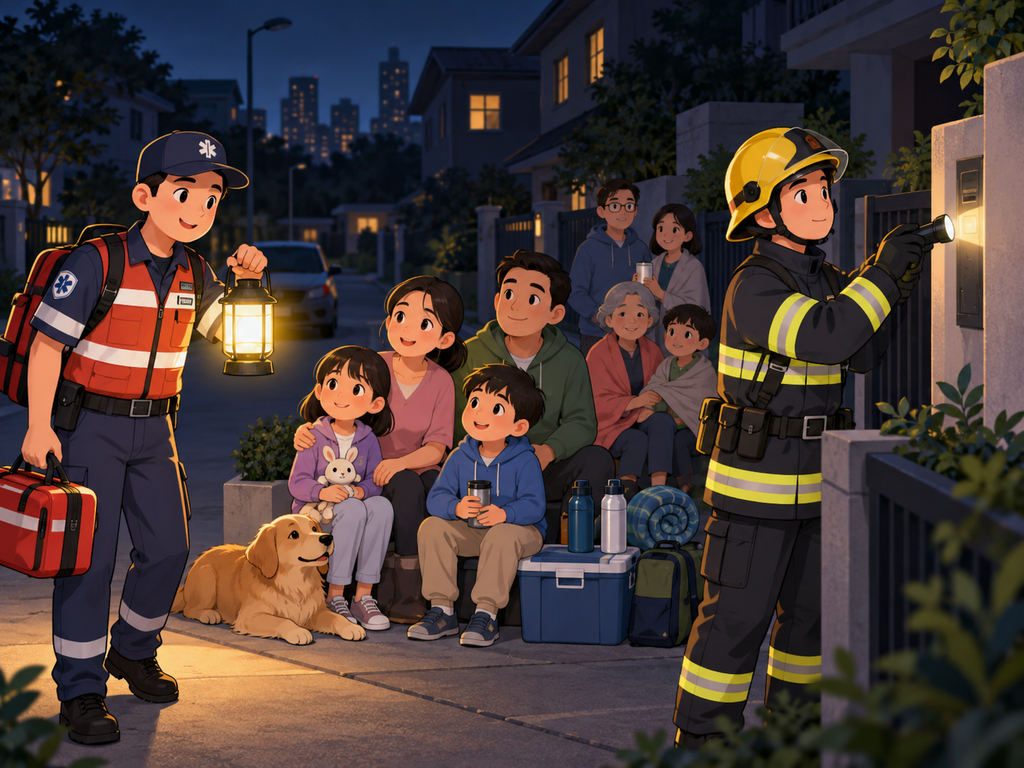A rescue team helping families on a dark street during a power cut