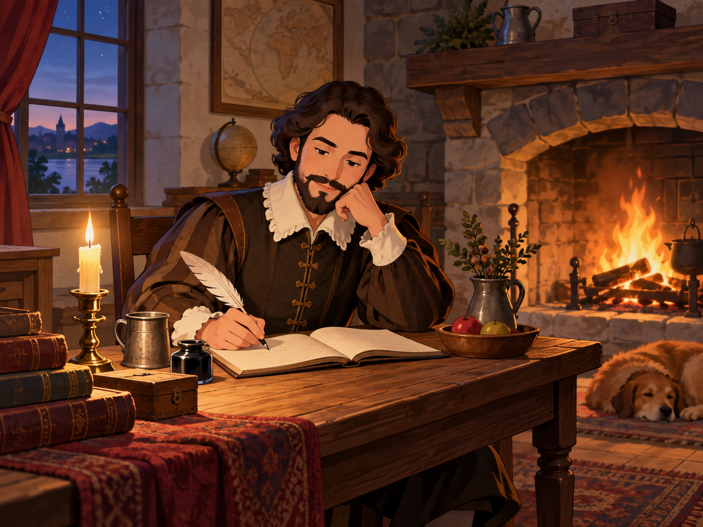 A man in old-fashioned clothes writing a diary by candlelight beside a fireplace