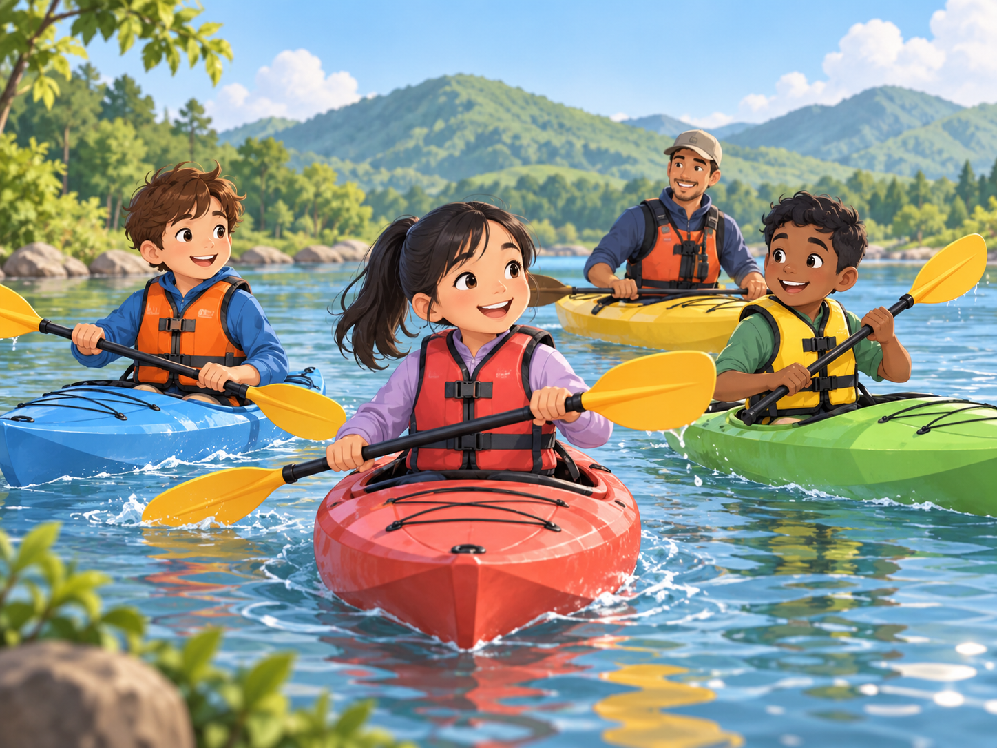 Children in life jackets paddling kayaks on a river with green hills behind them