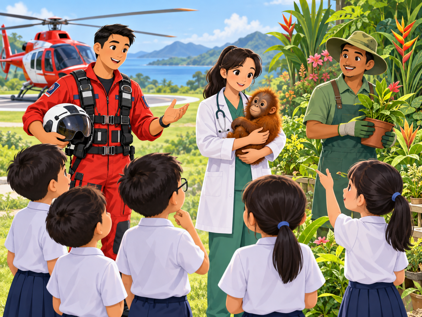 A rescue pilot, a wildlife vet holding a baby orangutan and a gardener among tall plants