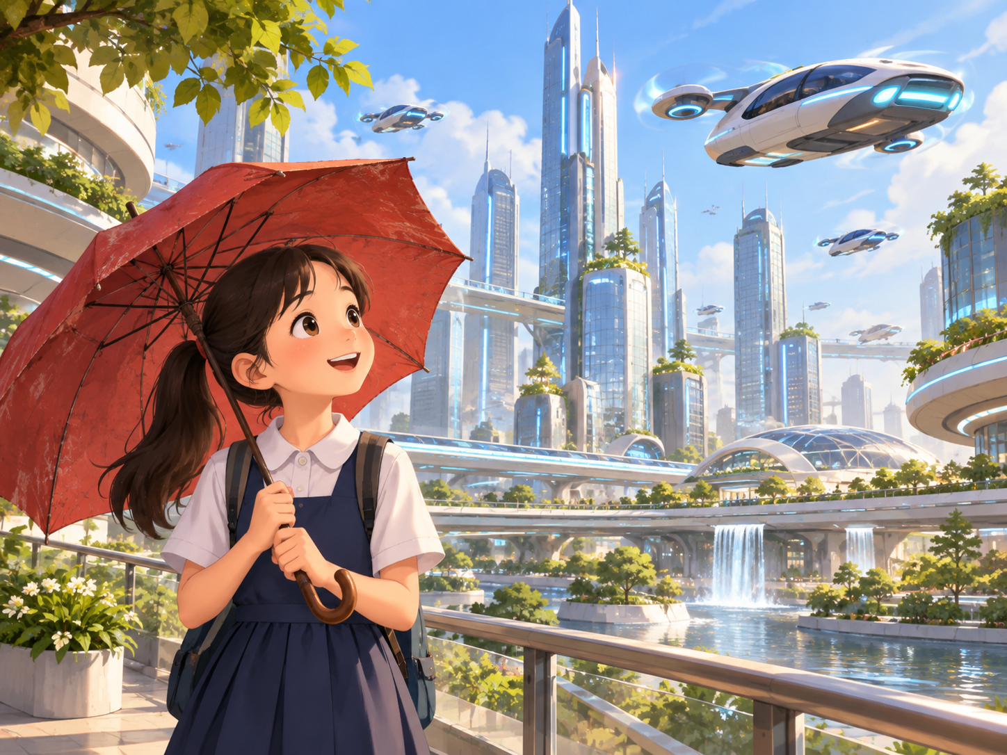 A girl holding an old red umbrella in front of a city with flying cars and tall glass buildings
