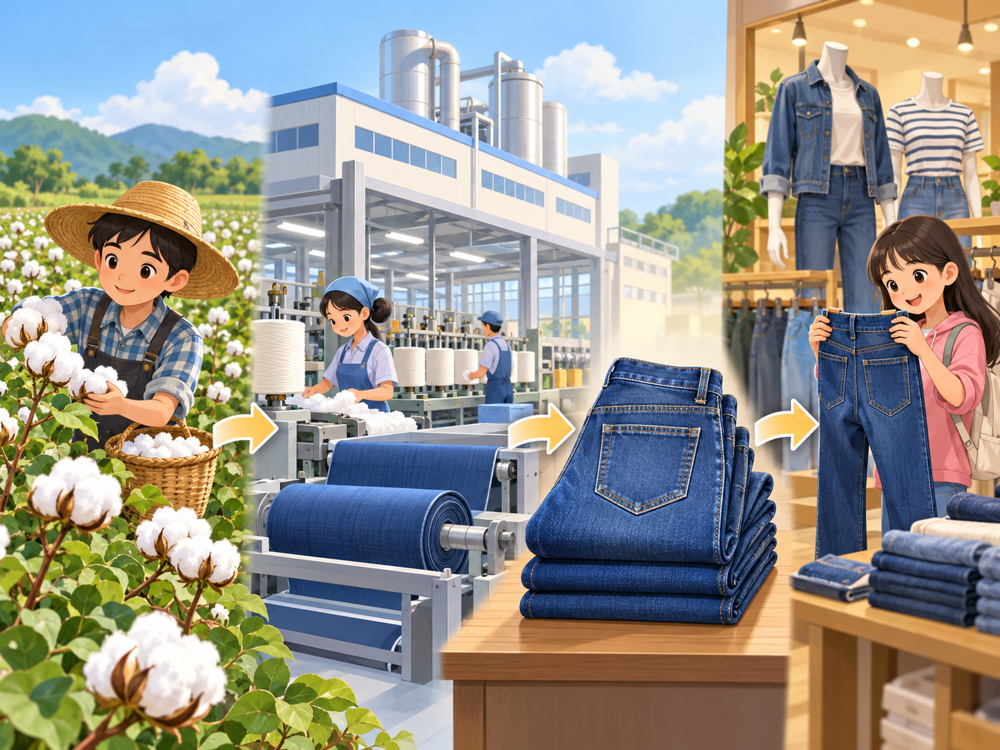 An infographic showing cotton plants, a factory, blue jeans and a shop