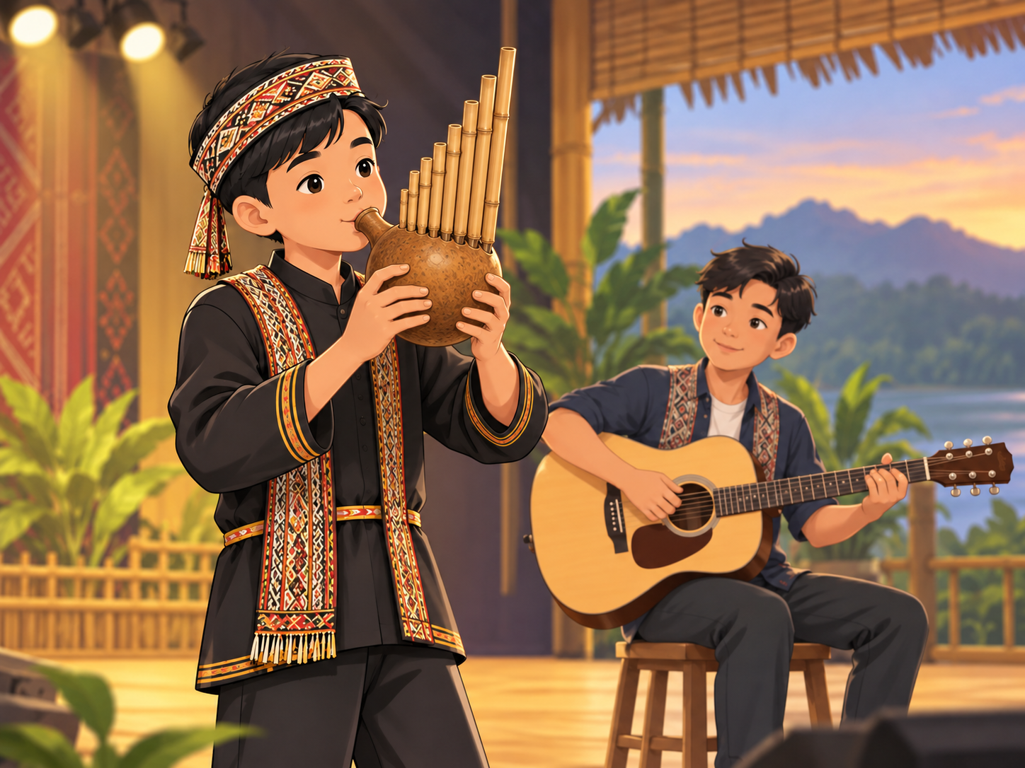A singer playing a bamboo sompoton on stage with a guitarist behind him