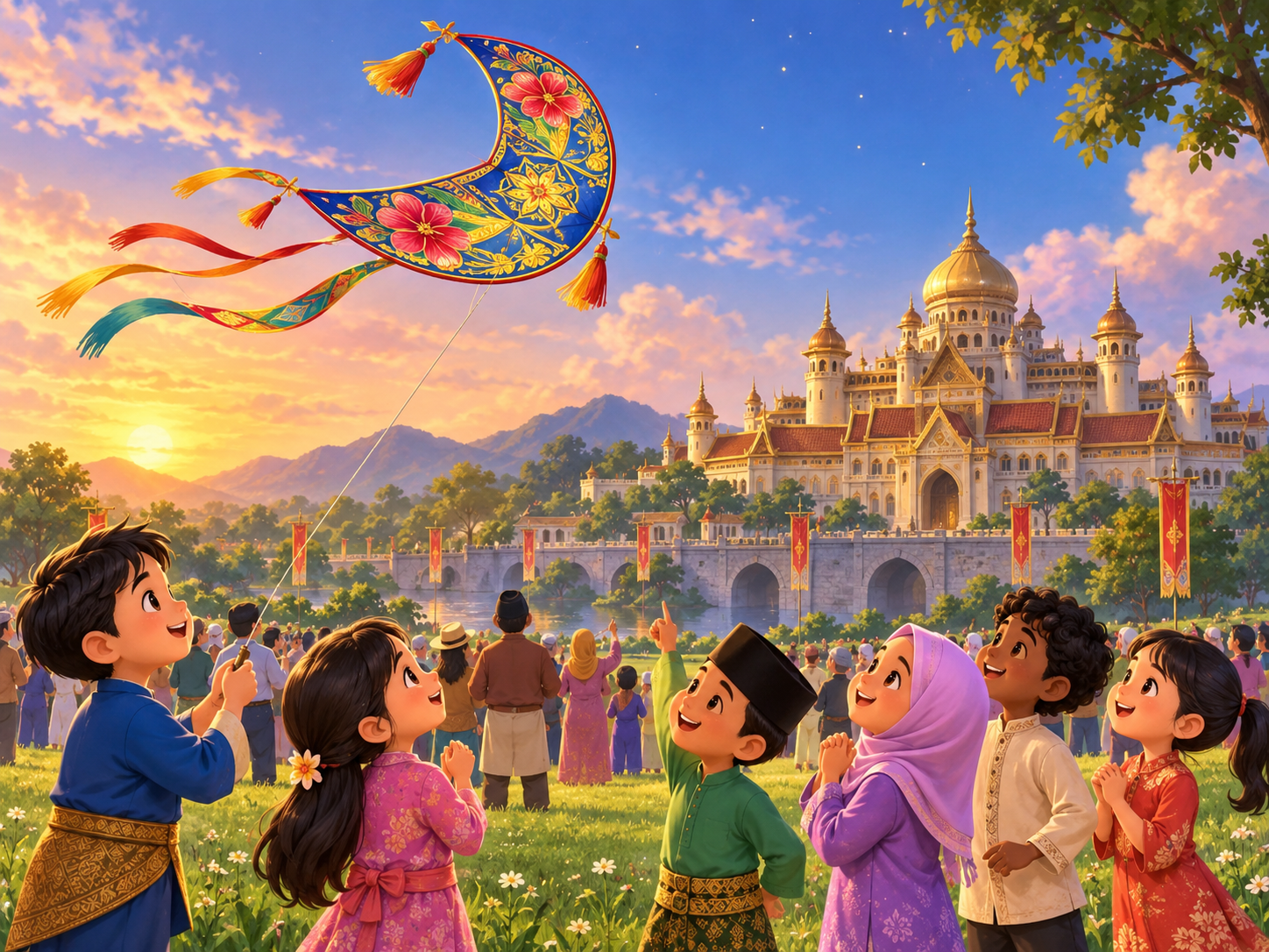A beautiful moon kite flying high above a palace, with a crowd watching below