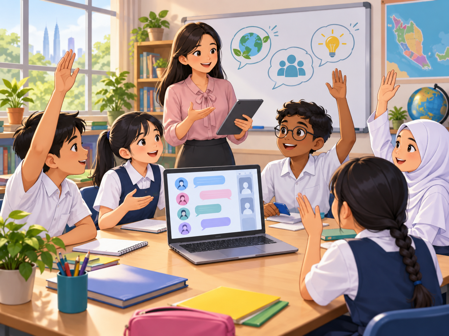 Pupils raising their hands in a class debate, with a laptop showing an online discussion