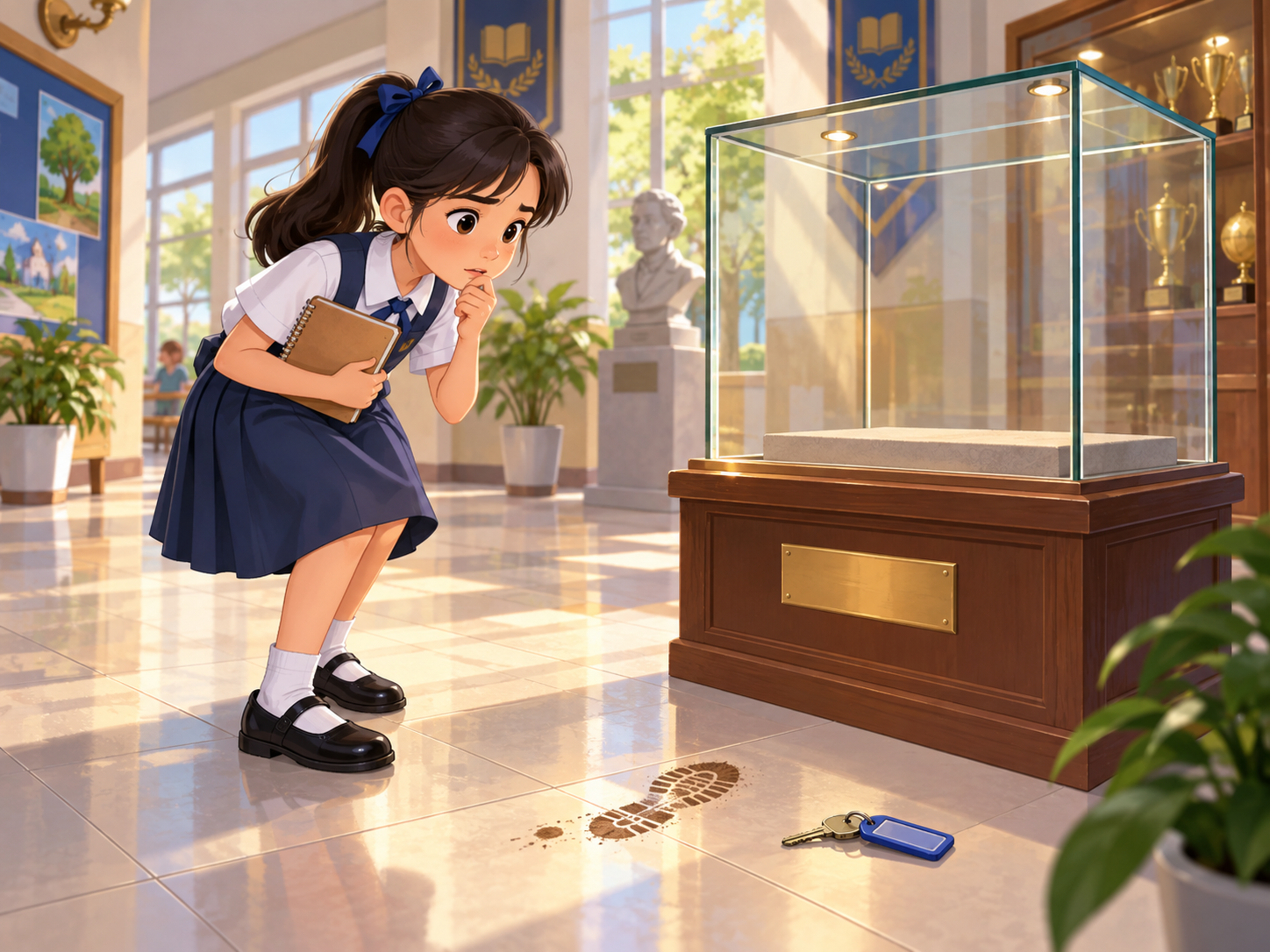 A girl detective with a notebook looking at an empty glass case in a school hall