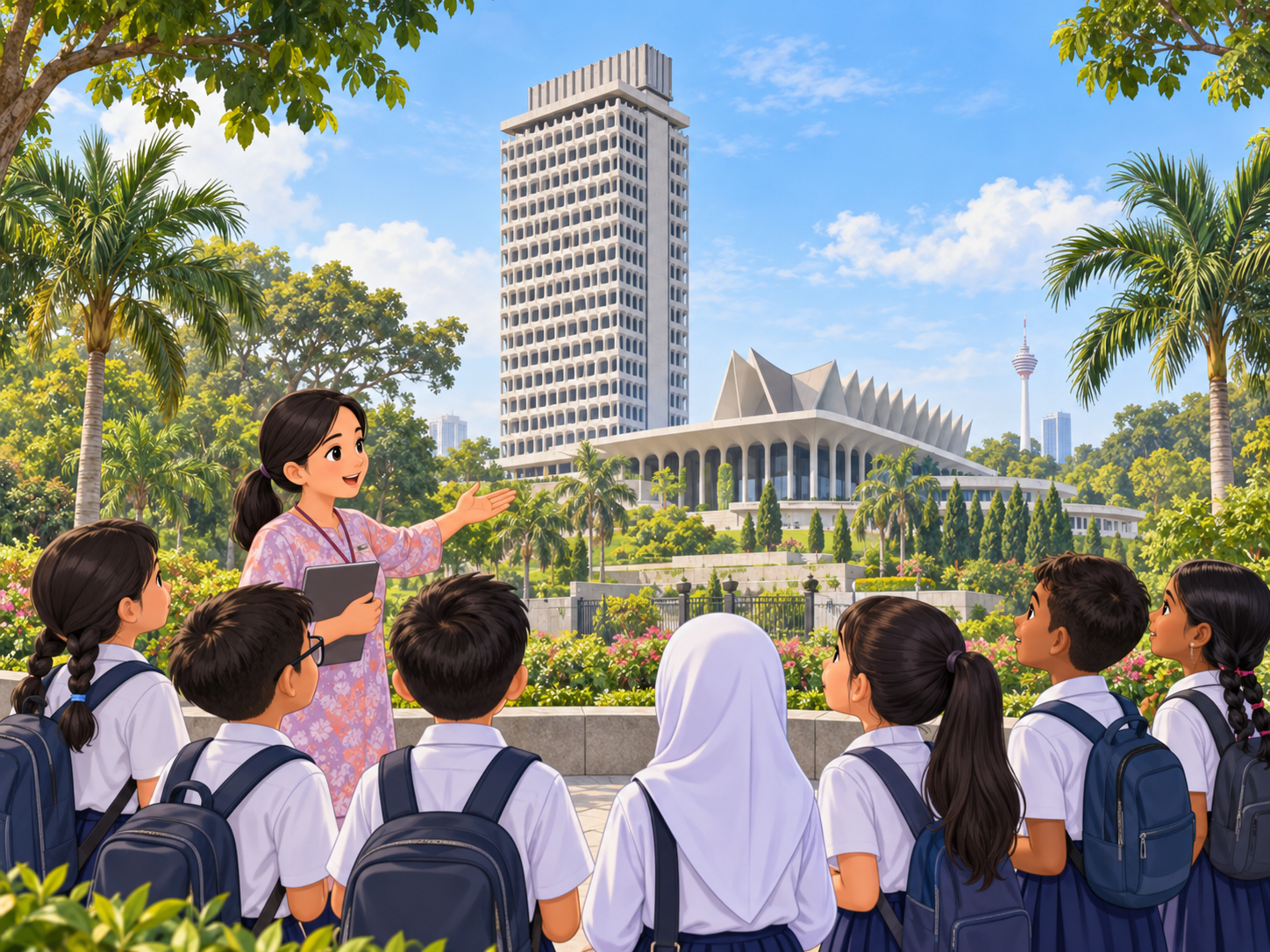 学生参观国会大厦,老师在旁讲解