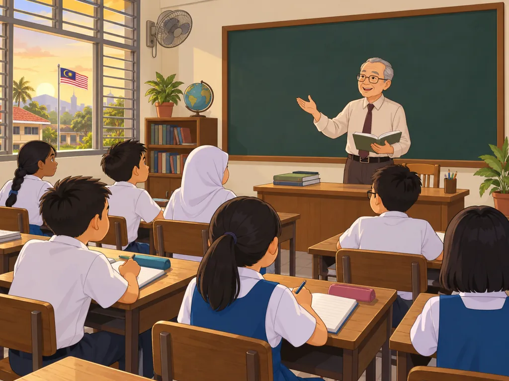长者老师在老式华文学校教室的空白黑板前教学。
