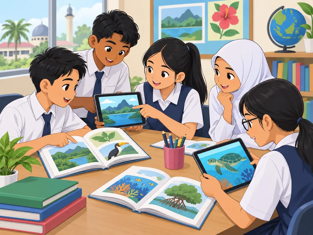 小学生围桌查看书本和平板，分组寻找资料。