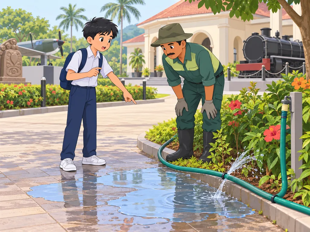 博物馆花园的水管漏水形成水摊，永翔礼貌告诉园丁。