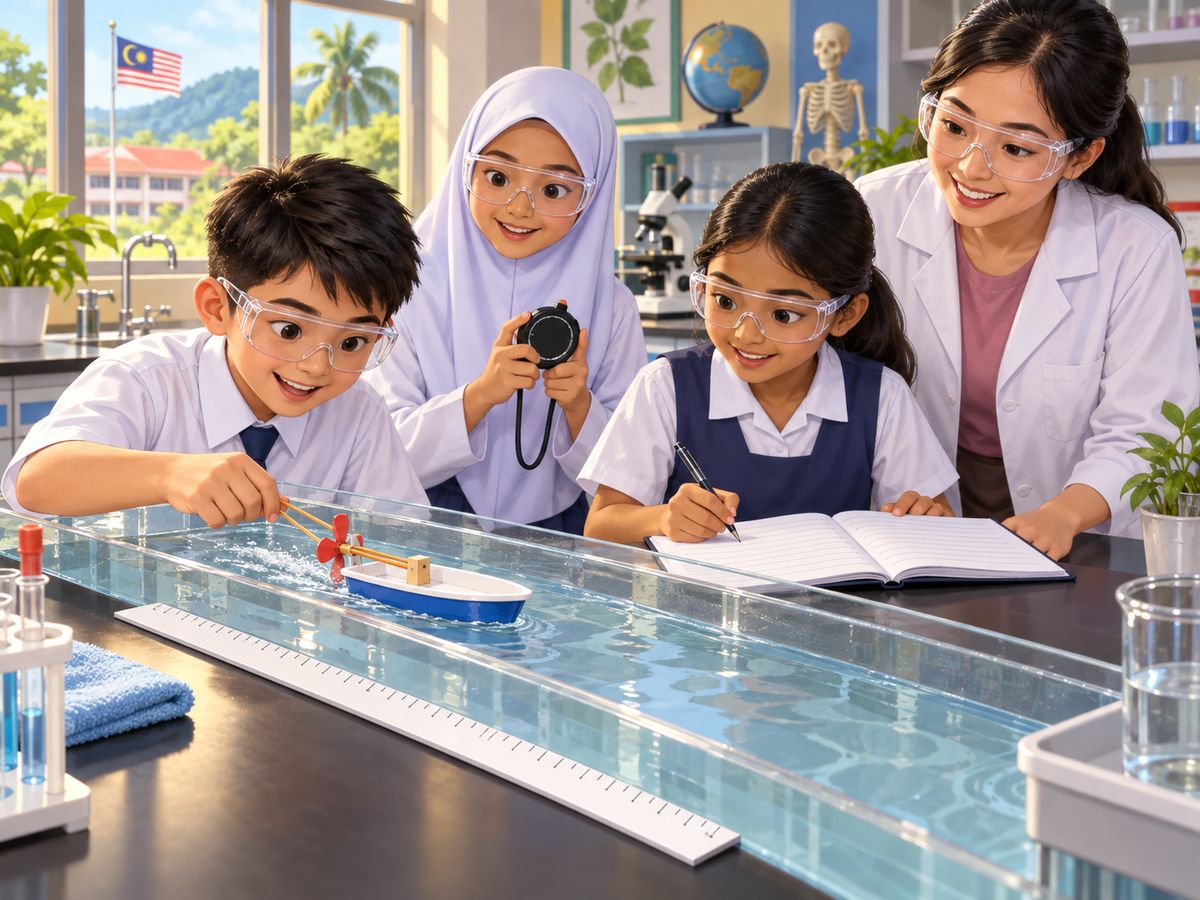 学生在科学室测量动力船移动的距离