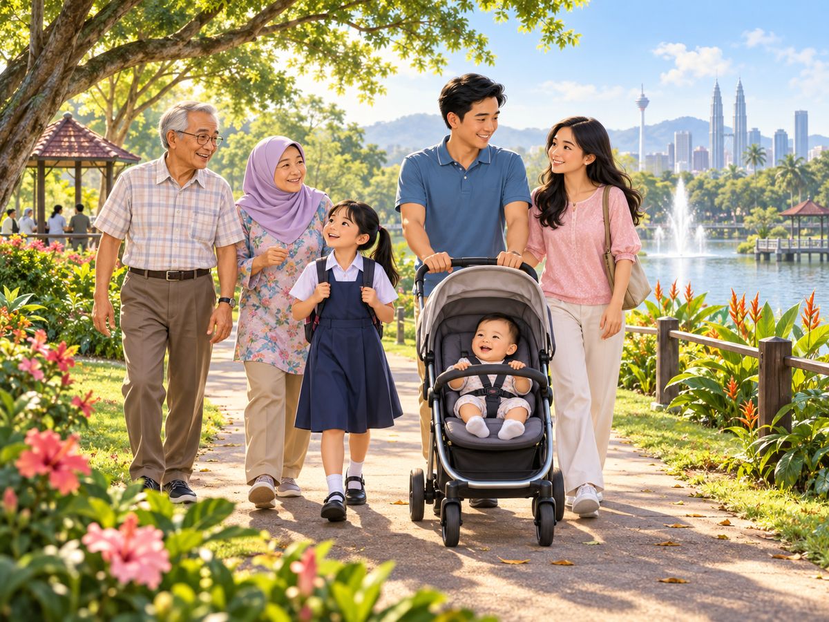 一家三代在公园散步