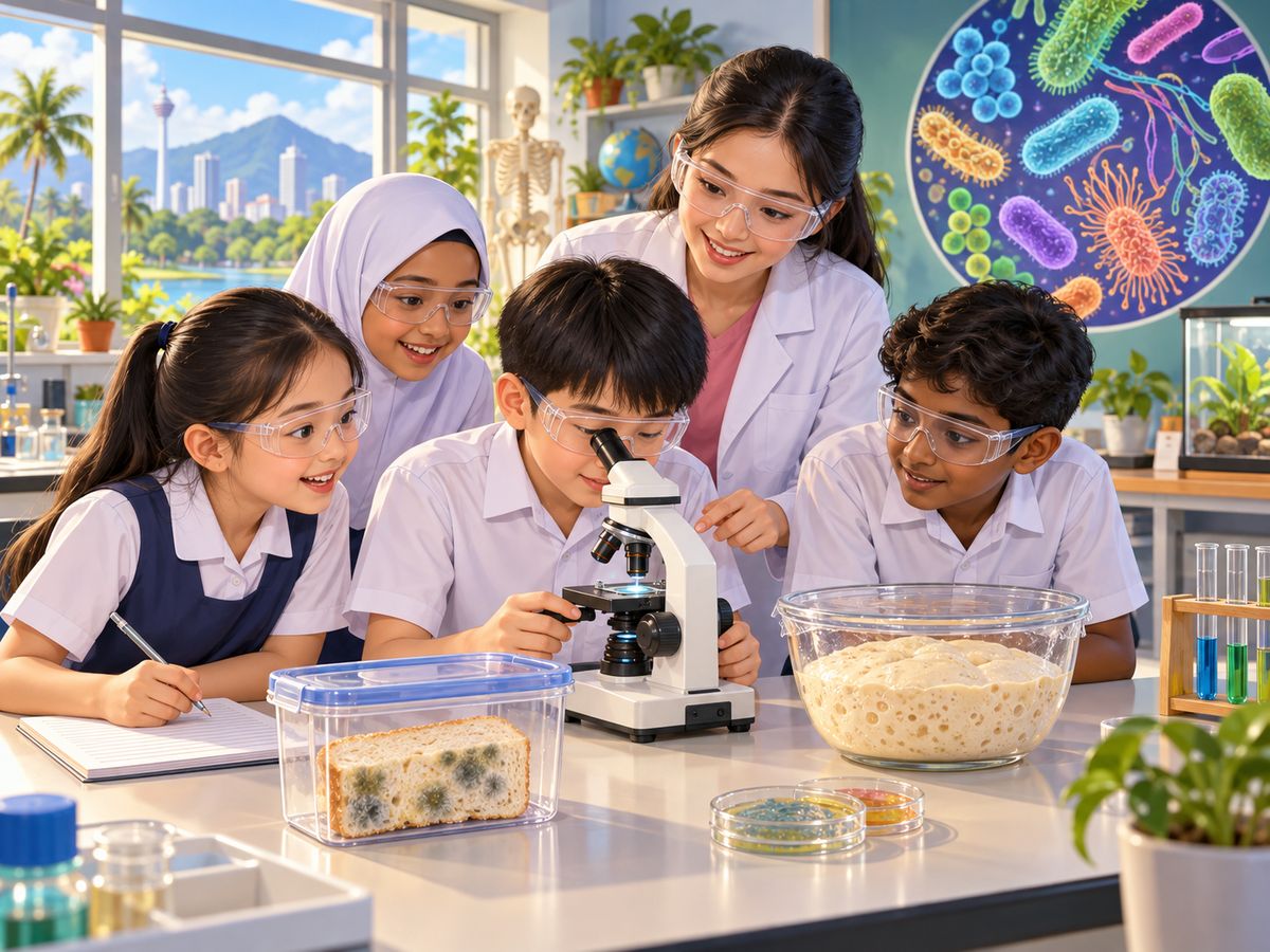 学生用显微镜观察,桌上有发霉的面包和面团